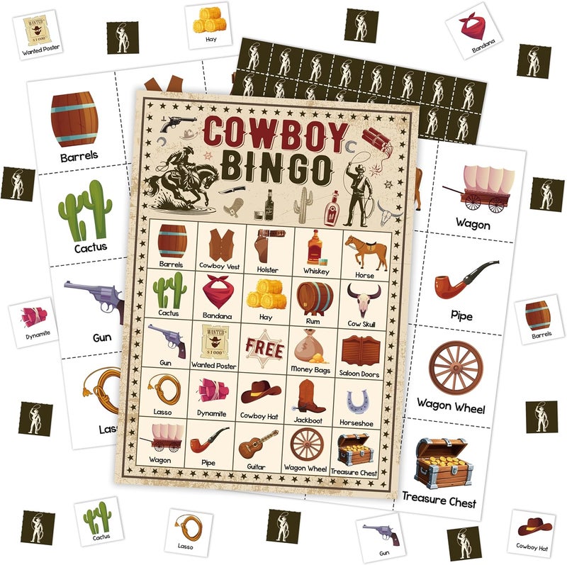 Mueddur Cowboy Bingo Card Game, Wild West Bingo Set for Adults Family Friends, Western Party Decorations, Cowboy Bingo Kit for Birthday Party, Holiday Games for 24 Players -07 - Image 1